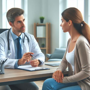male doctor discussing menopause with a woman patient