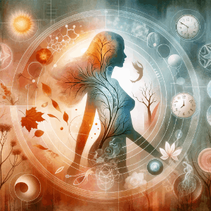 artistic image with silhouette of woman in middle, surrounded by clocks, suns, leaves, flowers, and other plantlife